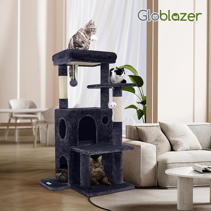 Globlazer Cat Tree Tower for Indoor Cats, 50-inch Adult Cat Tree House for Large Adult Cats with Steps, Scratching Post, 2 Cat Caves, Dangling Toys, FC50, Dark Grey-PawvioPets