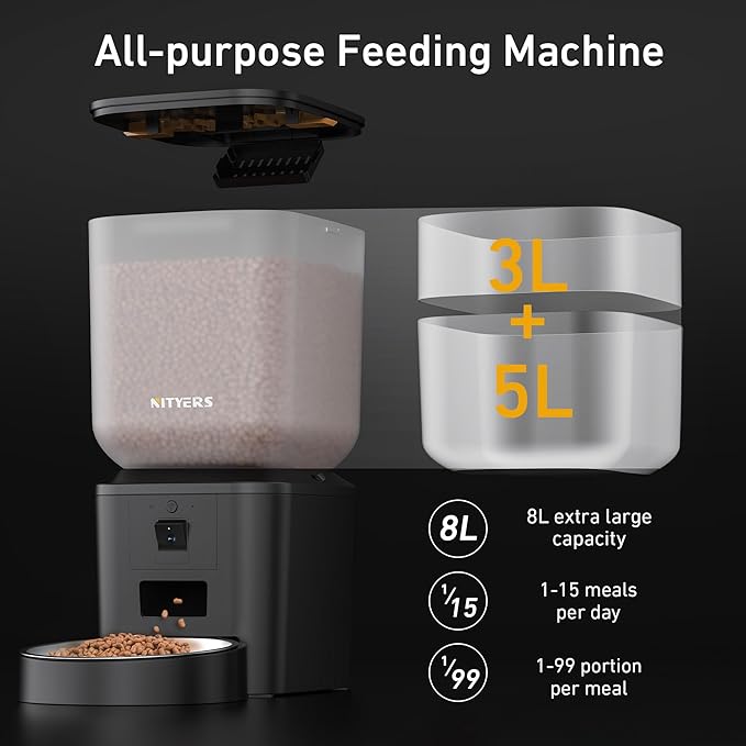 Automatic Dog & Cat Feeder with Camera & WiFi – 8L/34 Cups, 1080P Night Vision, 2.4 & 5G WiFi, 2-Way Talk, 10s Voice Recording, Timed Food Dispenser, Up to 99 Portions, 15 Meals Per Day-PawvioPets