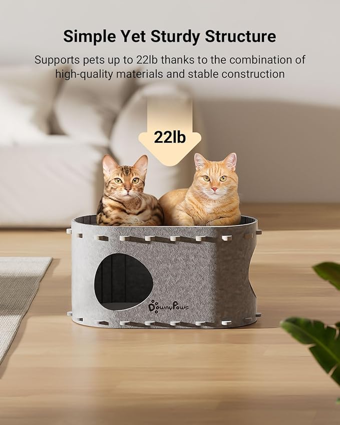 DownyPaws Cat House for Indoor Cats, Cat Bed Cave for Multiple & Large Cats Up to 22 Lbs, Scratch Resistant, Foldable Peekaboo Kitten Caves Tunnel Enclosed Bed, PeekaPurr, Light Gray-PawvioPets