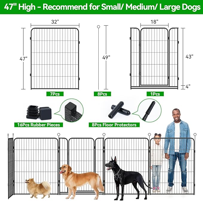 Dog Playpen Outdoor Extra Wide 8 Panels Heavy Duty Dog Fence 47" Height Anti-Rust with Doors Portable for RV Camping Yard, Total 21FT, 35 Sq.ft, Snowy Black-PawvioPets