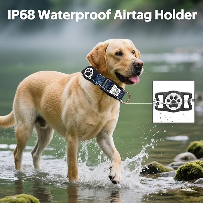Dog Collar with Waterproof AirTag Holder & Anti-Lost QR Code, Cute Bling Warpping Adjustable Width for Small Medium Large Pet (Blue, M)-PawvioPets