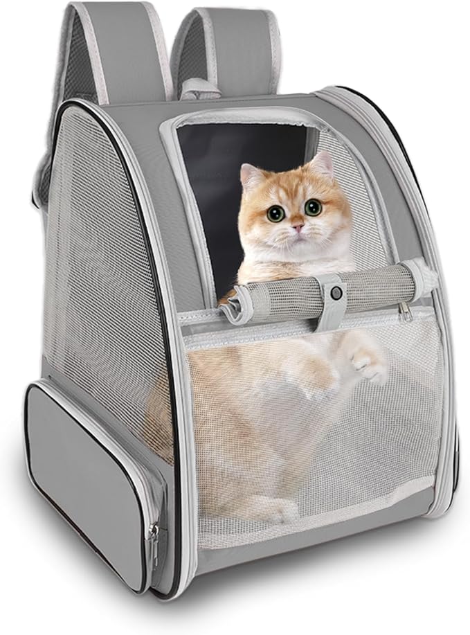 Cat Backpack Carrier,Pet Carrier Airline Approved for Small Dog Cat Puppy Kitten Bunny,Ventilated Mesh Design Animal Backpack for Hiking Camping Travel Bag (Light Grey)-PawvioPets
