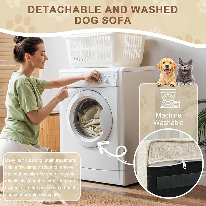 Dog Sofa Couch for Medium to Large Dogs, 31" Memory Foam Dog Couch with Washable Fabric, Removable Cushion, Sofa Bed for Medium and Large Dogs, Beige-PawvioPets