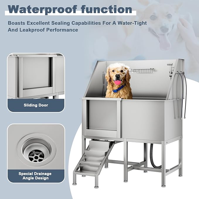 50" Dog Bathtub for Large Dogs, Professional Dog Washing Station with Wash Tub Attachment, Bath Pool for Outdoor, Indoor Shower and Grooming (50" Left Door)-PawvioPets