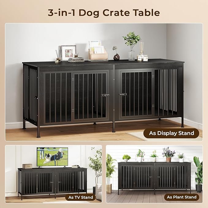 78 Inch Dog Cage Furniture for 2 Large/Medium Dogs with Removable Divider, Extra Large Double Doors Dog Kennel, XXL Thick Wooden Dog cage Furniture, Durable and Sturdy, Dark Grey-PawvioPets