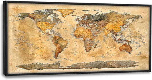 Extra Large World Map Framed Wall Art for Living Room,Oversized Vintage Map of The World Pictures Wall Decor,Canvas Print Painting Modern Artwork Bedroom Office Bathroom 60L" x 30W"-PawvioPets