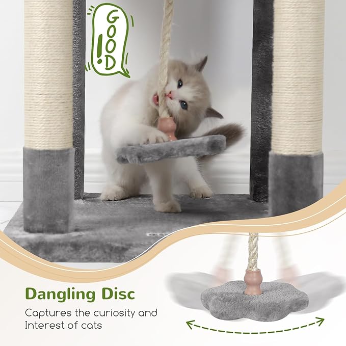 Globlazer Cat Tree, 70 inch Tall Scratching Tower Multi-Level Cat Condo for Indoor Multiple Cats with 2 Large Cat Caves, Top Perch, Large Platform, Bottom Swing, F70B, Light Grey-PawvioPets