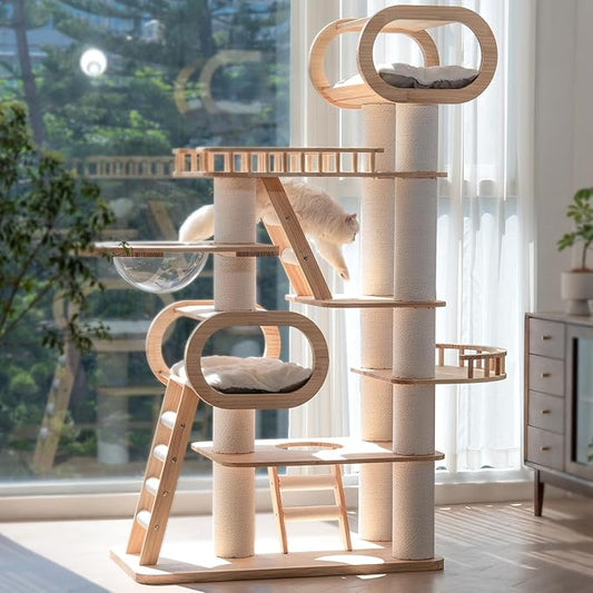 76.8'' Modern Cat Tree for Indoor Cats, Tall Wooden Cat Tower for Home Decoration, Multi-Level Tower with Transparent Cat Bed, Huge Cat Condo for Multi-Cat Families-PawvioPets