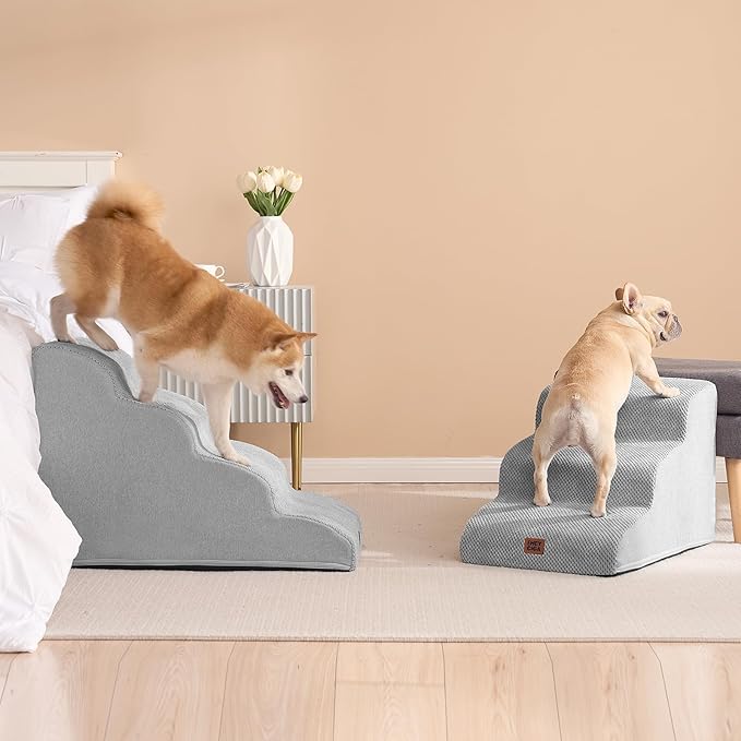 EHEYCIGA Curved Dog Stairs Ramp for Small Dogs 15.7" H, 3-Step Dog Steps for Couch Sofa and Chair, Pet Stairs for Cats, Non-Slip Balanced Pet Steps Indoor, Light Grey-PawvioPets