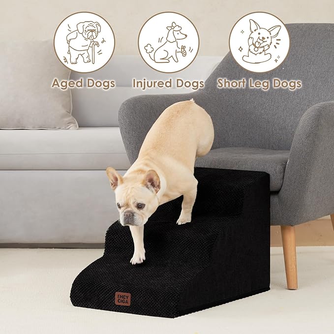 EHEYCIGA Curved Dog Stairs Ramp for Small Dogs 15.7" H, 3-Step Dog Steps for Couch Sofa and Chair, Pet Stairs for Cats, Non-Slip Balanced Pet Steps Indoor, Black-PawvioPets