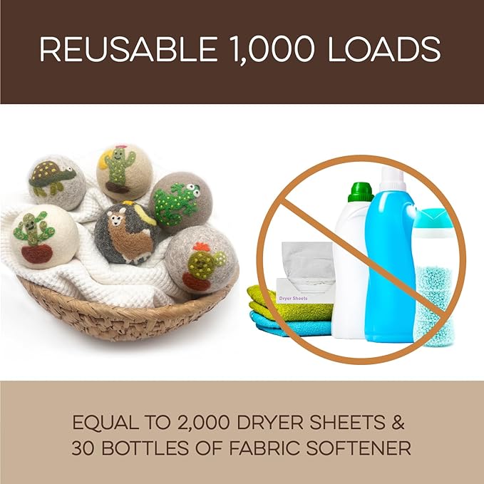 Fluff Ewes Wool Dryer Balls 6 Pack Premium New Zealand Wool Laundry Balls for Dryer, No Static Dryer Balls Laundry Reusable, XL Wool Dryer Balls Cute, Baby Dryer Balls for Dryers - Kiss My Cactus-PawvioPets