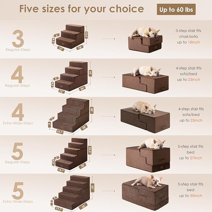 EHEYCIGA Dog Stairs for High Bed 25" H, 5-Step Extra Wide Dog Steps for Bed, Pet Steps for Small Dogs and Cats, Non-Slip Balanced Pet Ramp Indoor, Brown-PawvioPets