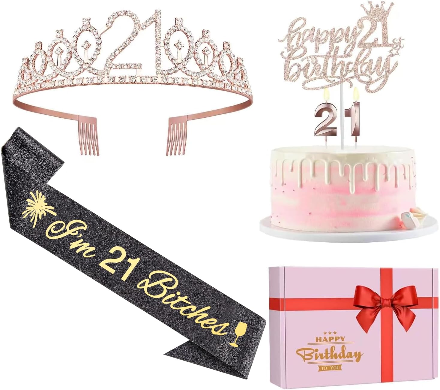 Glitter Black 21st Birthday Sash, Rhinestone Rose Gold Tiara, Cake Topper and Candles, 21st Birthday Decorations for Her