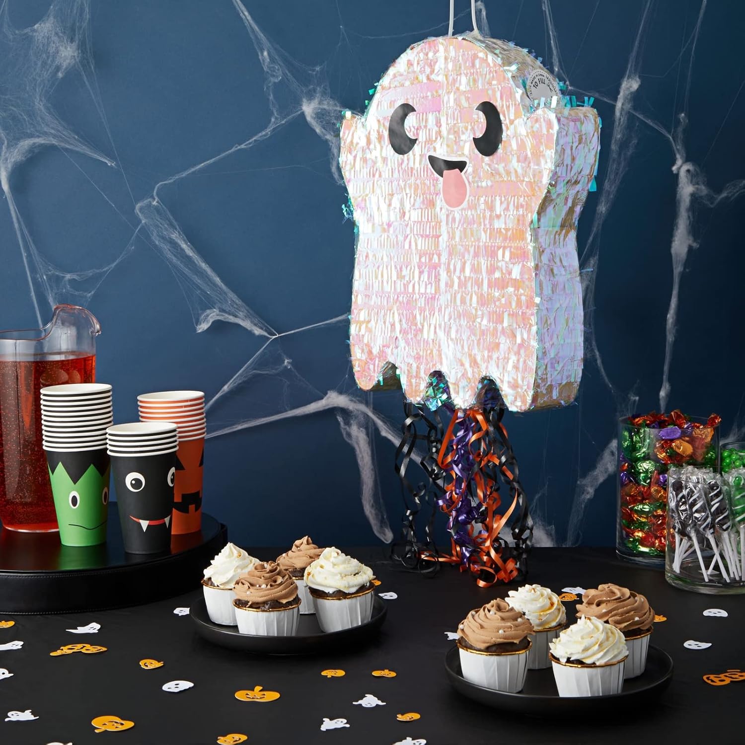 Halloween Mini Pinata Pull String Ghost - 17 x 13 x 3 in, Multicolor Iridescent Paper - Halloween Pinata Party Supplies & Decor for Trick or Treat - Sturdy Paper Design & Easy-Hang