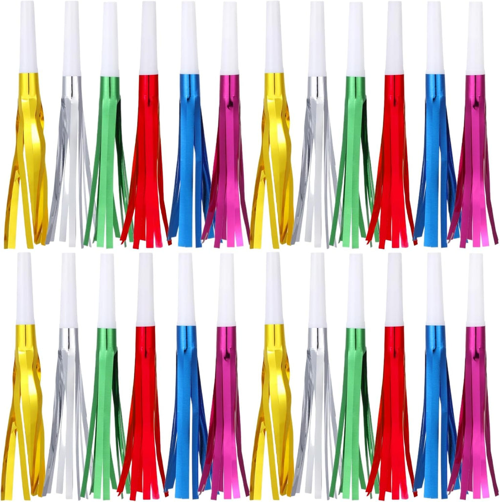24 Pcs Gold Noise Makers Glitter Metallic Fringed Noise Makers Horns for Baby Shower, Kids Birthday, New Year Party Favor - Multicolor