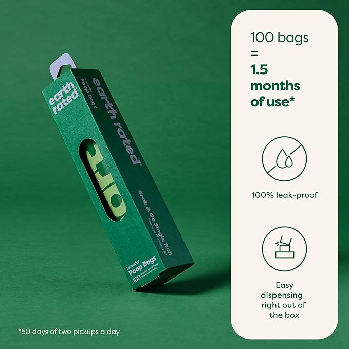 Earth Rated Dog Poop Bags, Thick Grab and Go Single Roll, Ideal for Backyard Pickups, Lavender Scented, 100 Count-PawvioPets