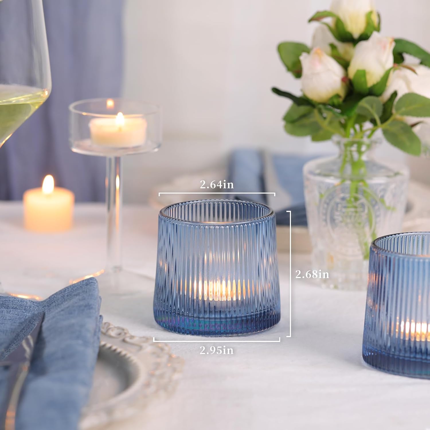 DARJEN Blue Ribbed Tealight Votive Candle Holders- 6Pack Glass Candle Holders for Table Centerpiece, Wedding Decor, Home Decor, Party Dinner