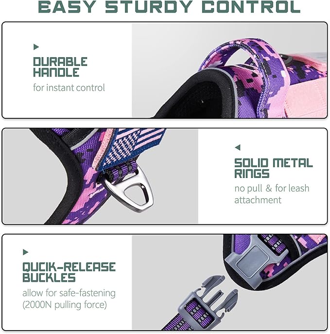 BUMBIN Tactical Dog Harness for Small Dogs No Pull, Famous TIK Tok No Pull Puppy Harness, Fit Smart Reflective Pet Walking Harness for Training, Adjustable Dog Vest Harness with Handle Purple Camo S-PawvioPets