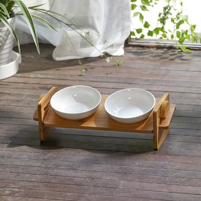 FUKUMARU Elevated Cat Ceramic Bowls, Small Dog 15° Tilted Raised Food Feeding Dishes, Solid Bamboo Water Stand Feeder Set for Cats and Puppy-PawvioPets