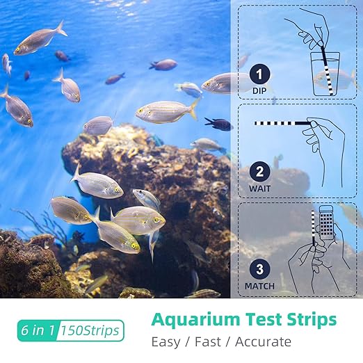 6 in 1 Aquarium Test Strips, 150 Strips Aquarium Water Test Kit for Fish Tanks & Ponds, Accurate Test Monitoring, Nitrate, Nitrite, Chlorine, Carbonate, Hardness, pH-PawvioPets