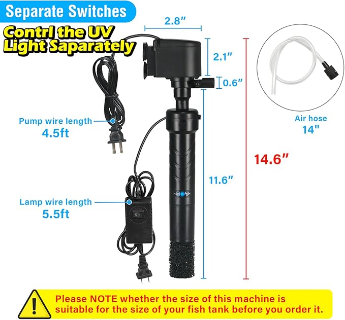 COOSPIDER Aquarium U-V Filter Green Clean Machine for 40-100 Gallon Fish Tank Crystal Clear 300GPH Submersible Water Pump Air Supply Wave Maker Green Killing-PawvioPets