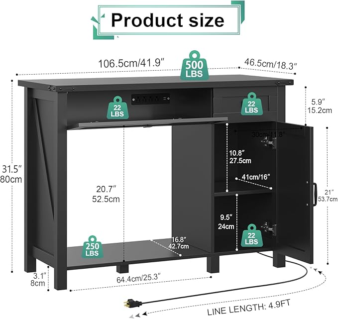 40 Gallon Aquarium Stand With Charging Station, Farmhouse Fish Tank Stand, Reptile Tank Stand Terrarium Stand with Drawer and Cabinet Storage, Sturdy Heavy Duty 41.9"×18.3" Tabletop - Black-PawvioPets
