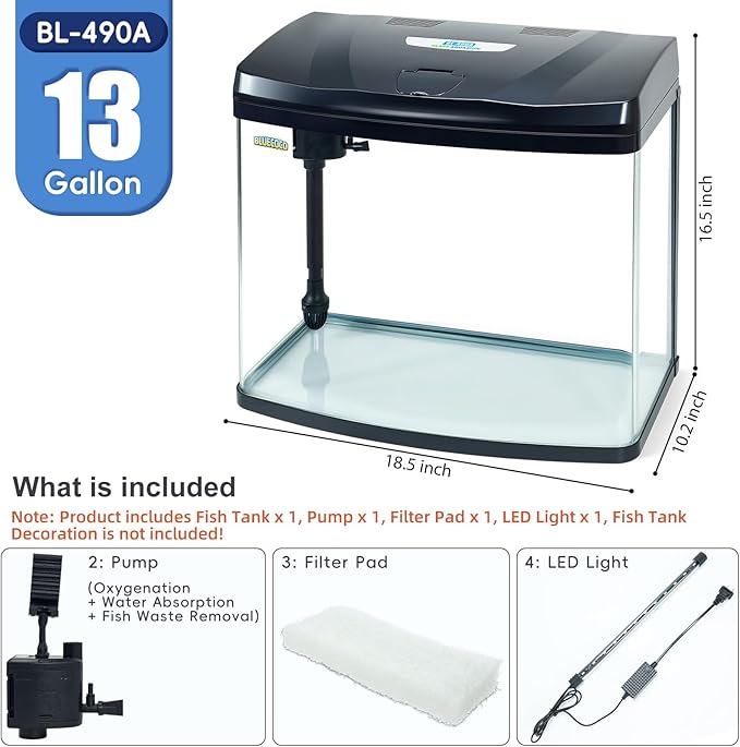 13 Gallon Glass Aquarium Starter Kit with Flip-Top Feeding Port for Betta Fish: Crystal Clear Viewing, Eco-Cycle Filtration, Air Pump, and LED Lighting-PawvioPets
