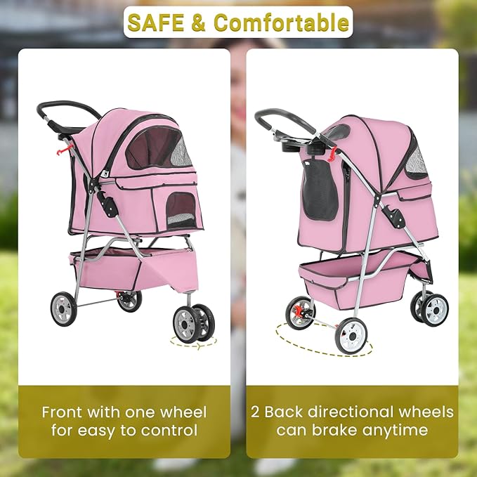 3-Wheels Pet Strolling Cart for Small Medium Dogs and Cats with Storage Basket,Holder, Foldable Pet Stroller with Waterproof Cover, Breathable Mesh for All-Season, Pink-PawvioPets
