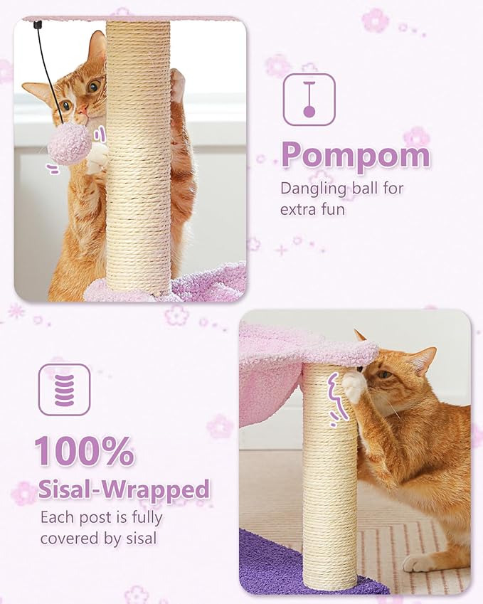 Flower Cat Scratching Post, 28" Cute Cat Tree Tower for Indoor Cats with Large Hammock Soft Perch Bed, Replaceable Toy Ball for Kittens, Purple-PawvioPets
