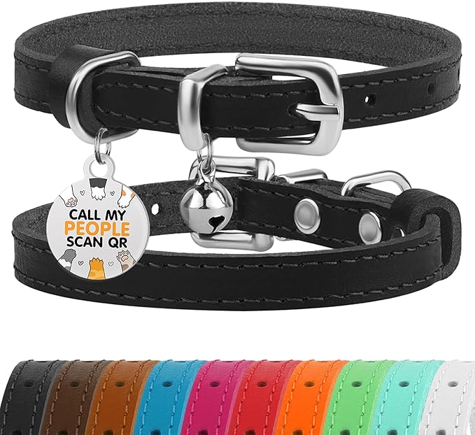 BRONZEDOG Leather Cat Collar with Removable Bells Non Breakaway Kitten QR Tag for Girl Boy (7" - 9" for Cats, Black & Silver)-PawvioPets