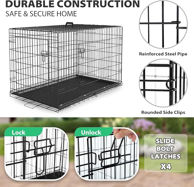 BestPet | Dog Crate | 24" | Black | Foldable Metal Kennel with Double Doors, Secure Slide-Bolt Latches, Leakproof Tray | Portable Dog Cage for Small Breeds | for Travel, Indoor & Outdoor Use-PawvioPets