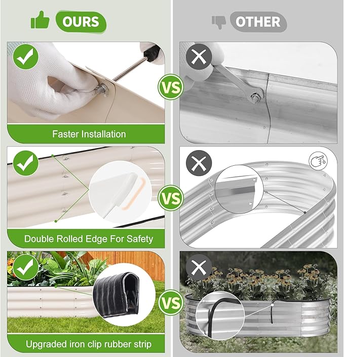 Galvanized Raised Garden Bed - 8x2x1FT Metal Planter Boxes Outdoor | Oval Steel Raised Bed Kit for Gardening with Protective Tape, Bracing Rods, Gloves for Vegetables, Flower, Herb (White)-PawvioPets