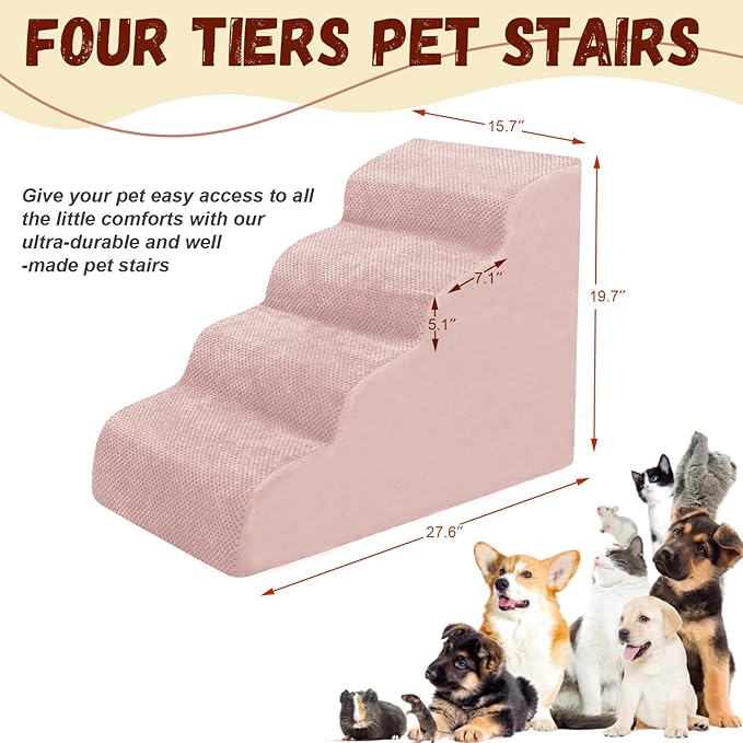 Dog Stairs for Small Dogs - High Density Foam Pet Steps, Extra Wide Dog Ramp with Non-Slip Bottom for High Beds, Couch and Sofa, Best for Dogs Injured, Older Doggy Cats,4 Stpes, Pink-PawvioPets