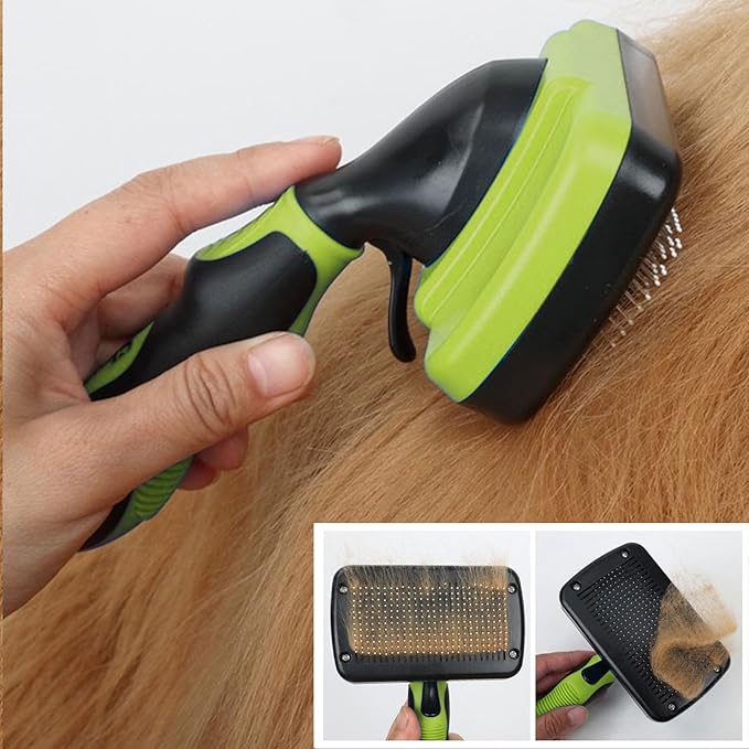 Dog Brush Kit for Grooming Short & Long Haired Dogs & Cats, 4-in-1 Pet Grooming Set with Self-Cleaning Slicker Brush, Deshedding Tool, Shampoo Bath Comb, Massge Comb (Green Black)-PawvioPets