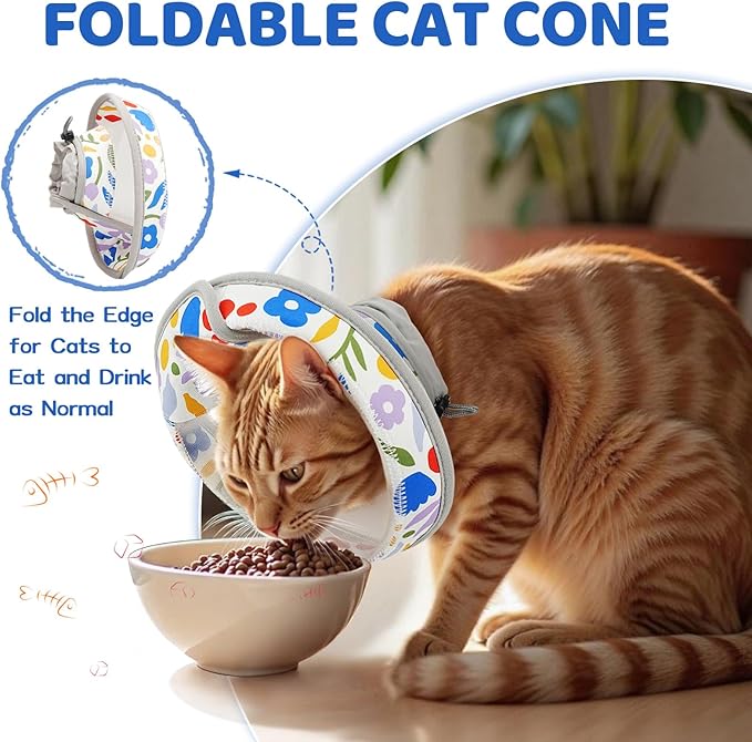 Breathable Air Mesh Cat Cone Collar Soft to Stop Licking, Adjustable, Foldable Lightweight Kitten Cones After Surgery Recovery for Cats & Kittens (Flower,M)-PawvioPets