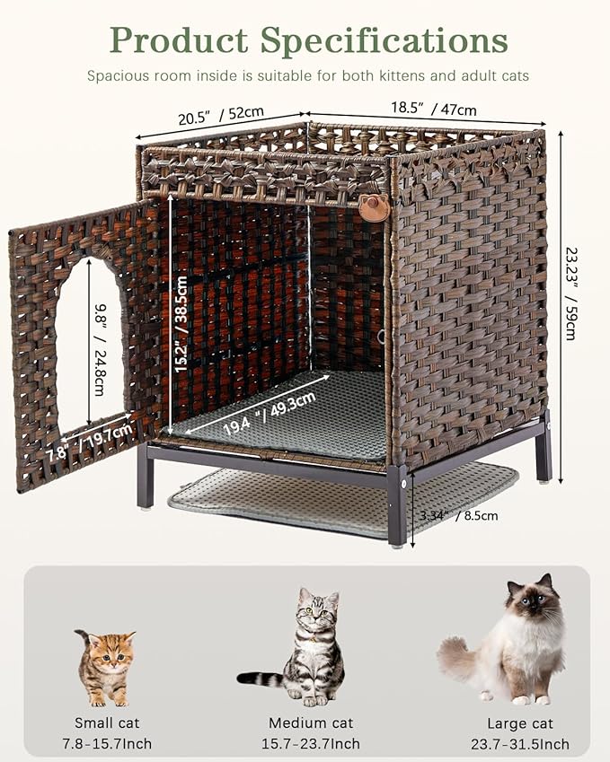 Cat Litter Box Enclosure Hidden Litter Box Furniture with Metal Heightened Feet, Rattan Handwoven Cat House with Litter Mat, Hidden Litter Box Furniture for Bedroom Living Room Brown-PawvioPets