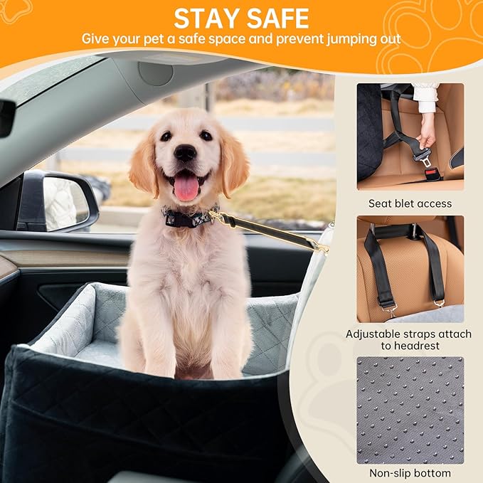 Dog Car Seats for Small/Medium Dogs, FurFrolic Memory Foam Dog Booster Seat for Small Dogs up to 35 lbs, Travel Pet Car Seat with Washable Detachable Cover, Storage Pockets, 2 Safety Belts, Black Gray-PawvioPets