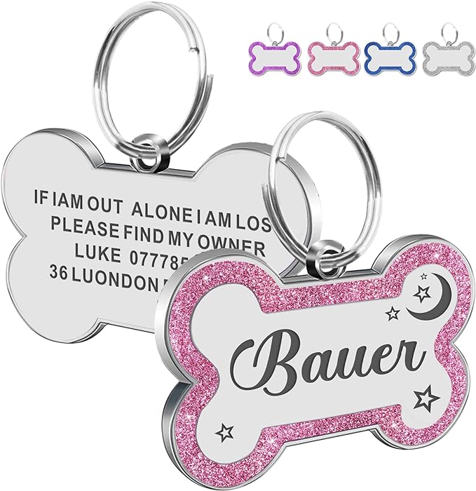 Dog Tags Personalized for Pets Dog Name Tags Personalized Dog Tag Engraved with Any Name & Text Custom Dog ID Tags Glitter Bone ID Tag for Puppy Cat (Pink L, Bone)-PawvioPets