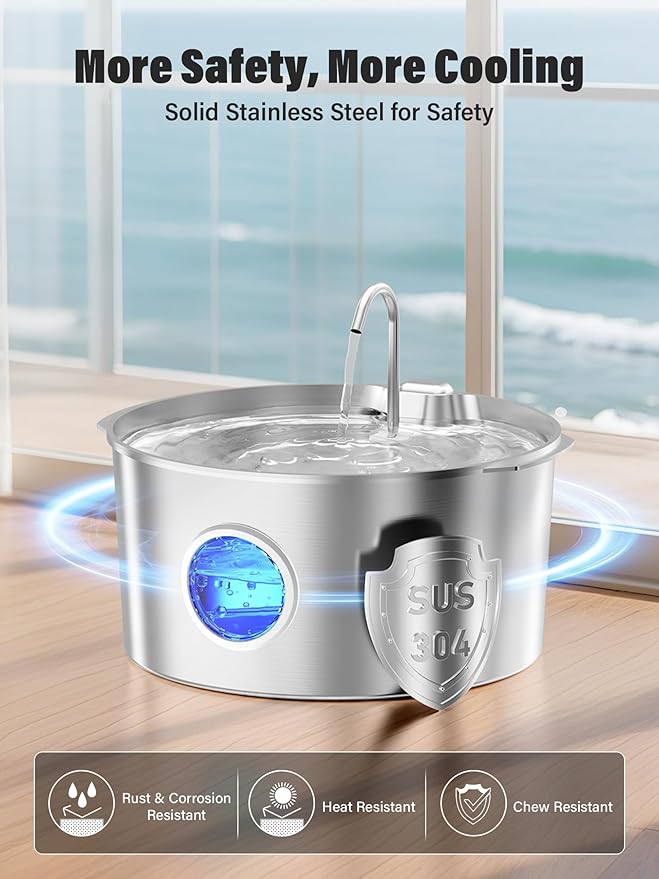 3.4Gal Dog Water Fountain for Large Dogs, Extra Large Stainless Steel Pet Water Fountain, Round Dog Water Bowl Dispenser with Metal Handle, Water Level Window, Supet Quiet Pump for Multi Pet Home-PawvioPets
