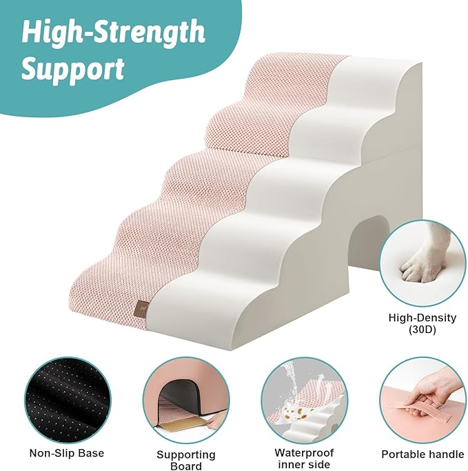 Extra Wide Dog Stairs with Tunnel, Detachable Large Pet Step for Small Medium Dog, Puppy or Cat, Ramp for High Bed, Couch, Sofa or Car, Stable, 19.7x33x22.4 inch, 5 Step, Pink-PawvioPets