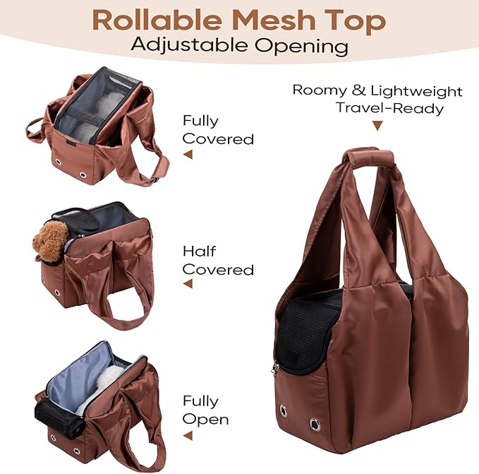 Dog Purse Carrier for Small Dogs, Cats, and Puppies – Soft-Sided Travel Pet Tote Bag with 4 Large Pockets, Foldable, Lightweight, Fits Pets up to 15 lbs, for Travel, Outings (Brown)-PawvioPets