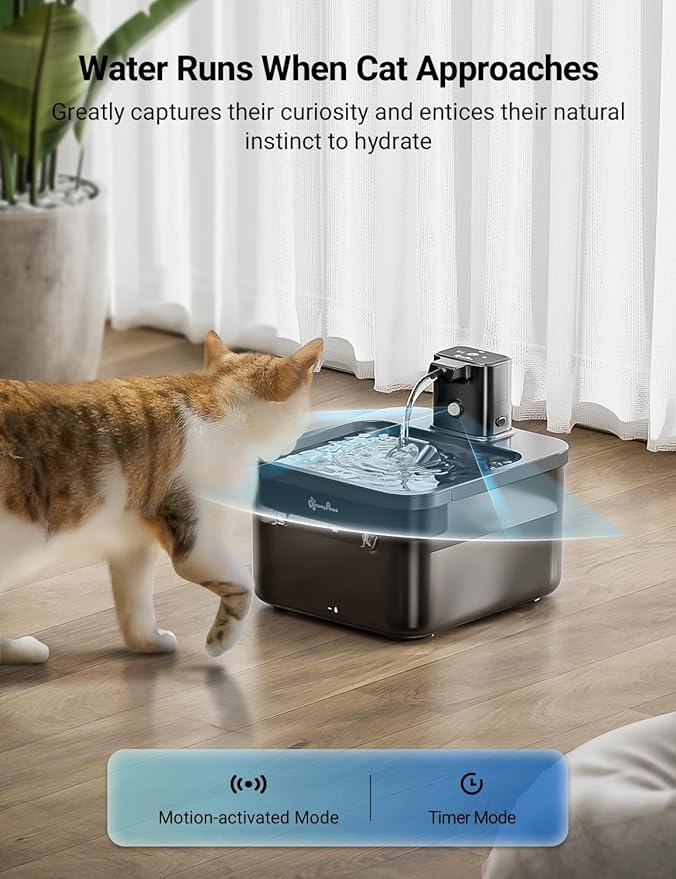 DownyPaws Battery Operated Cat Water Fountain, 84oz/2.5L Fursink Wireless Cat Waterer Fountain with Motion Sensor, BPA-Free, Black with 6 Filters-PawvioPets
