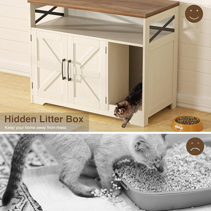 Cat Litter Box Enclosure, Hidden Litter Box Furniture with Scratch Pad, Farmhouse Indoor Cat House Washroom End Table, White-PawvioPets