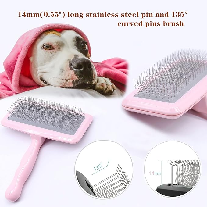Air Cushion Slicker Brush for Dogs Cats,Soft Pin Shedding Brush for Short Haired Dog,Cat, Pet Grooming Wire Brush for Thin Curly Matted Tangled Hair,14mm(0.55"),Pink-PawvioPets