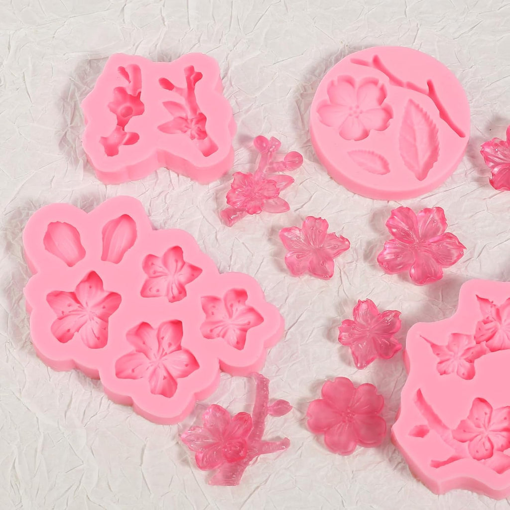 4 Pcs Plum Blossom Fondant Molds, Flower Chocolate Silicone Mold, for Wedding Cake Decoration Cupcake Topper Dessert Table Biscuit Candy Resin Clay Modeling, Reusable Kitchen Baking Mold