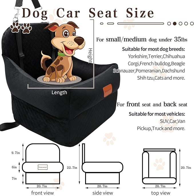 Dog Car Seat-Dog Booster Car Seat with 7''Interior Height,Pet Travel Car Seat with 2 Safety Leashes,Car Dog Seat Restraint Small/Medium Dog up to 35 lbs,Detachable Washable,Easy to Install(H-Black)-PawvioPets