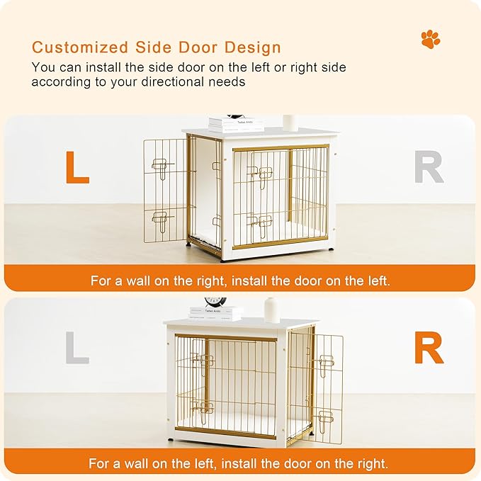DWANTON Dog Crate Furniture with Cushion, Wooden Kennel Table with Double Doors, Indoor Dog House, Small/Medium/Large Size, 27.2" L, White-PawvioPets