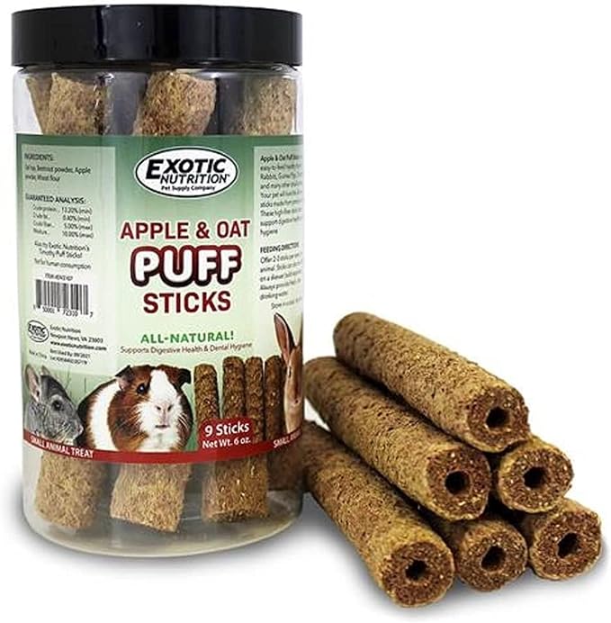 Apple & Oat Puff Sticks (6 oz.) - Healthy Natural High Fiber Chew Treat Made with Oat Hay - Rabbits, Guinea Pigs, Hamsters, Chinchillas, Degus, Prairie Dogs, Squirrels, Skunks, Opossums, Small Pets-PawvioPets