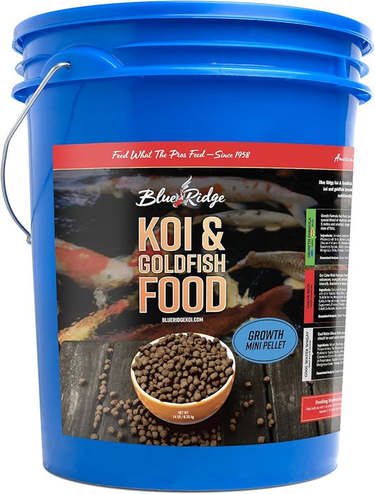 Blue Ridge Koi Fish Food 14lb - Koi Food Mini Growth Formula, Goldfish Food, Premium Fish Food for Ponds, Ponds Fish Food, Floating Pond Pellets-PawvioPets