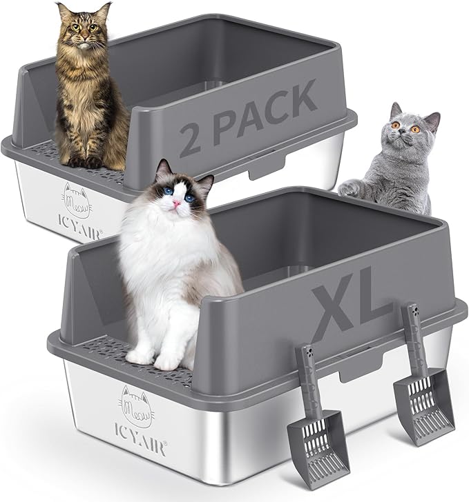 2PACK Stainless Steel Cat Litter Box with High Sides Lid, Extra Large XL Litter Box for Big Cats, Metal Kitty Litter Boxes with Anti-Leakage Enclosure,Non-Stick,Odorless,Scoop Included-PawvioPets